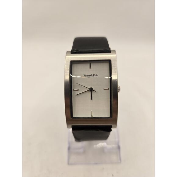Kenneth Cole Tank Watch Unisex 26mm Silver Tone Black Leather Band New Battery - Picture 1 of 9